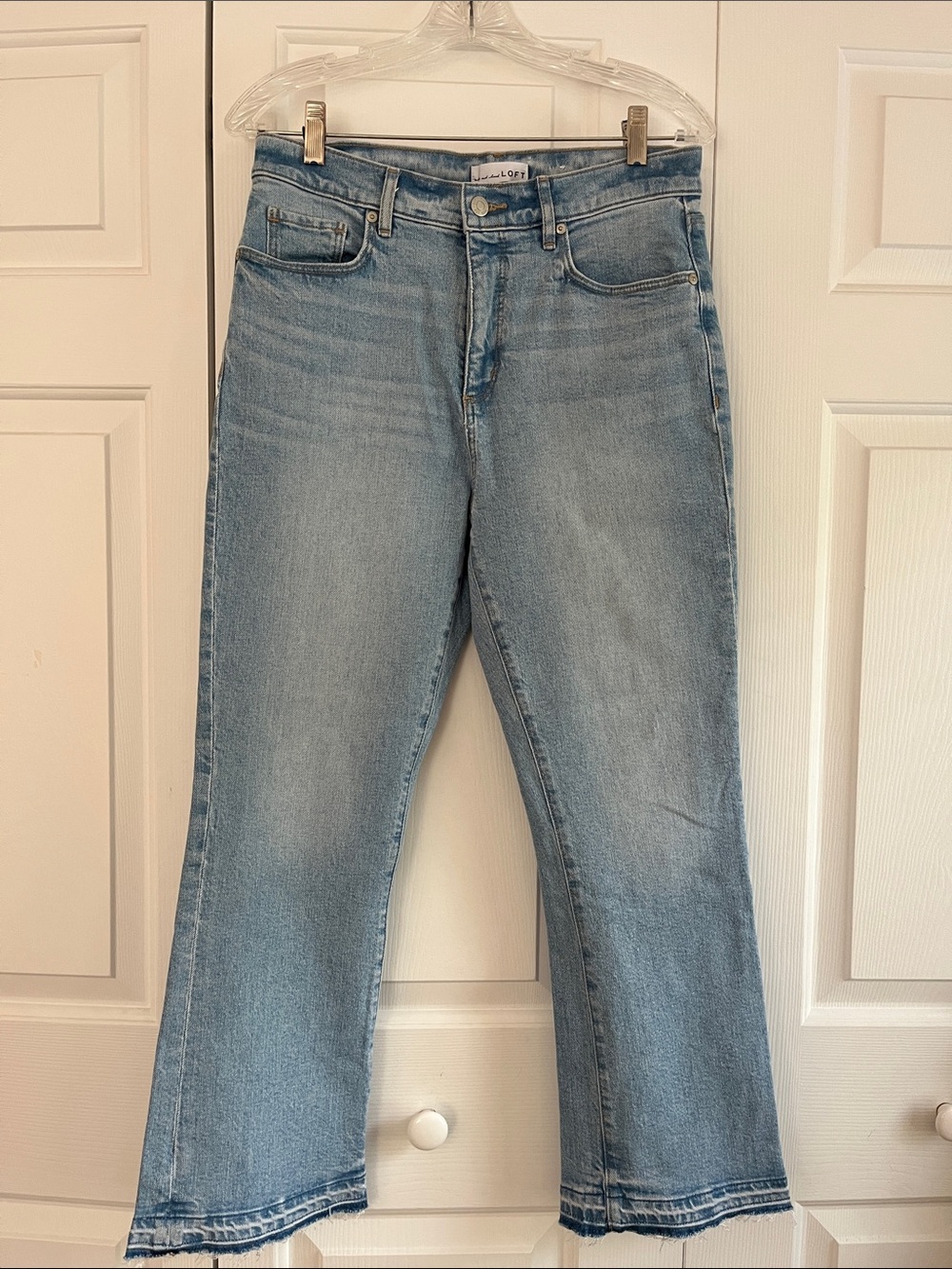 Loft light wash kick crop jeans with frayed hem